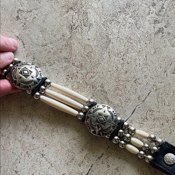 Concho Real leather Western Style Black Cream Belt Silver faux bone festival - Picture 16 of 16